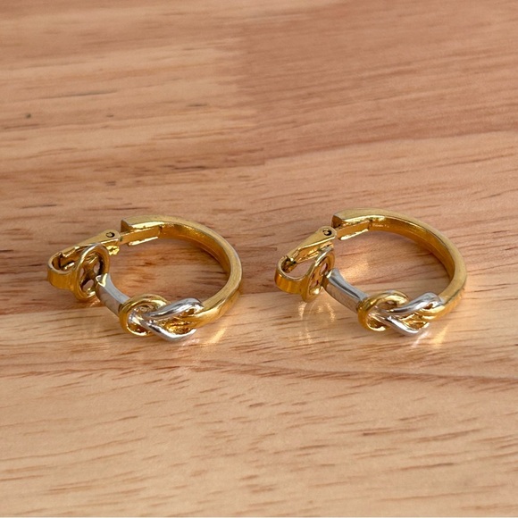 Crown Trifari Gold Silver Tone Knot Hoop Earrings - Picture 9 of 11